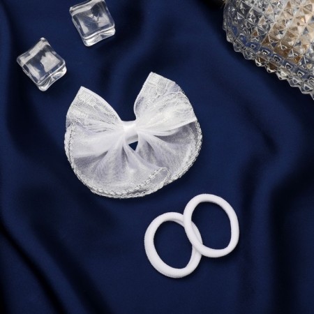 Hair set "Schoolgirl" (clamp 7 cm, 2 gum 3.5 cm) lace bow, white-1