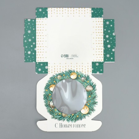 Box for Makarun with low sides “Happy New Year!”, Wreath, 11x 11x 3 cm, New Year-6