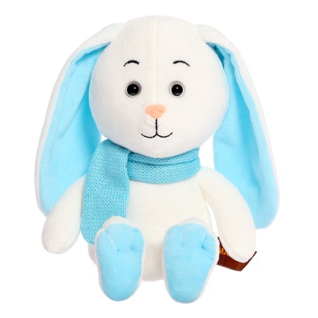 Soft toy Bunny Snowball with long ears in a scarf, 20 cm