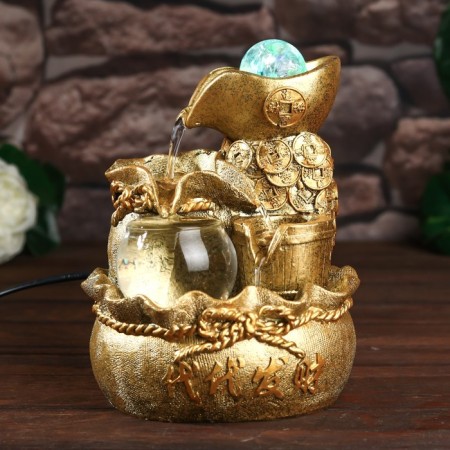 The desktop fountain from the network, the backlight "bag with gold coins" gold 21x15x12 cm