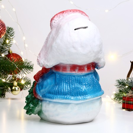 Piggy bank "Snowman with a Christmas tree" in a red hat, 25x17cm-2