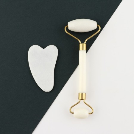 Set: roller massager and scraper of Guasha “Let it Snow!”, Calcite and Serpentin-4