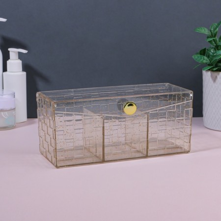 SHINE organizer for storage, with a lid, 3 sections, 21.5 × 8.8 × 9.5 cm, the color is transparent/golden-2