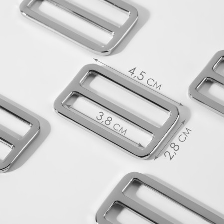 The buckle is regulatory, two -sided, inner width - 38 mm, thickness - 3.5 mm, 5 pcs, silver color
