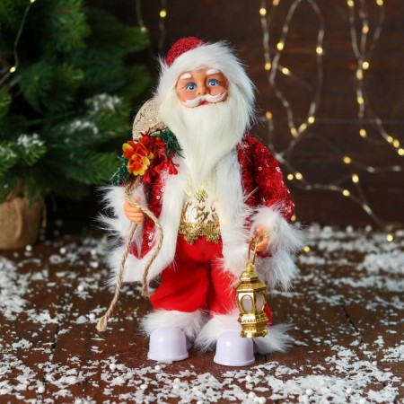Santa Claus "in a suit with sequins, with a flashlight" moves, with a backlight, 28 cm, red