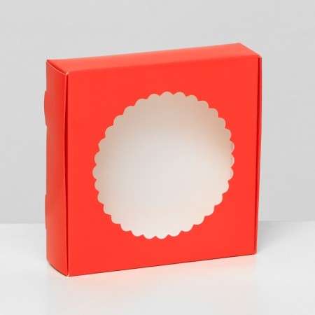 Gift box of the team with a window, 11.5 x 11.5 x 3 cm, scarlet
