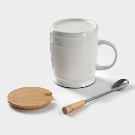 Ceramic mug with a wooden lid and spoon "Sea", 400 ml, Mix drawing-3