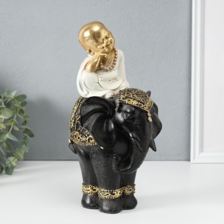 Polystone souvenir "Little cheerful Buddha on the Black Elephant" 14x14x26 cm