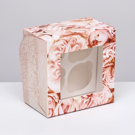 Box for 4 cupcakes with a window, "peonies", 16 x 16 x 10 cm