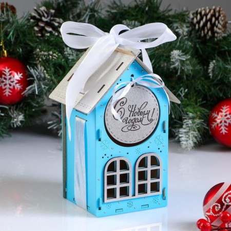 Wooden box, 13.5 × 11.5 × 21 cm "New Year. House", gift packaging, blue