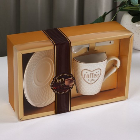 Coffee steam ceramic with a spoon of Coffee, 2 items: a mug of 190 ml, a saucer, a drawing mix-6