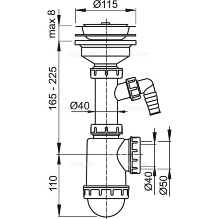 Сифон для мойки Alcaplast A446P-DN50/40, c решеткой из нерж. стали DN=115 мм и штуцером-1