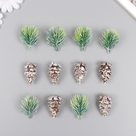 Decor for creativity "spruce branches and cones" set of 12 pcs 4x2x2; 4.5x3x3 cm
