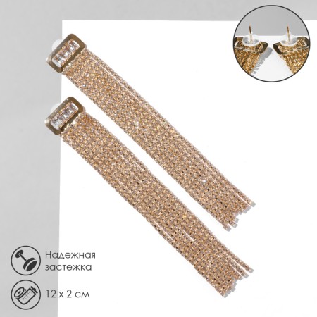 Hanging earrings with Hollywood rhinestones, 8 rows, white color in gold, 12 cm