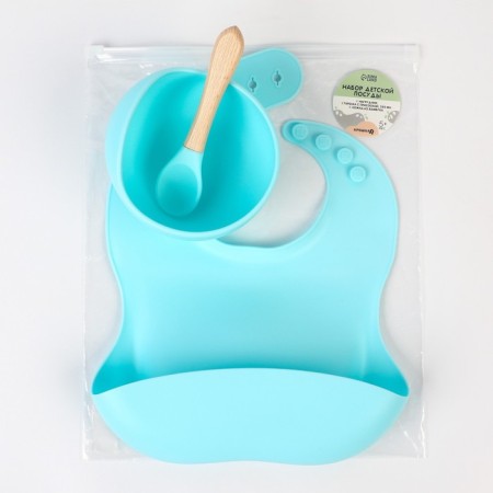 Set for feeding: bib, plate on a suction cup, spoon, crumb, I, blue-4