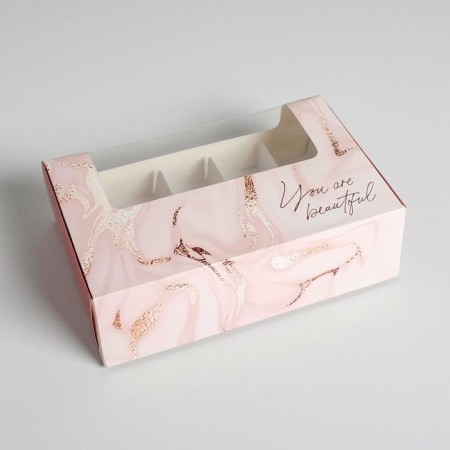 Box for eclairs, confectionery packaging, 5 inserts, YOUR ARE BEUTIFUL, 25.2 x 15 x 7 cm