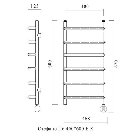 Domoterm electric heated towel rail "Stefano", 400 x 600 mm, 6 crossbars, right, chrome-2