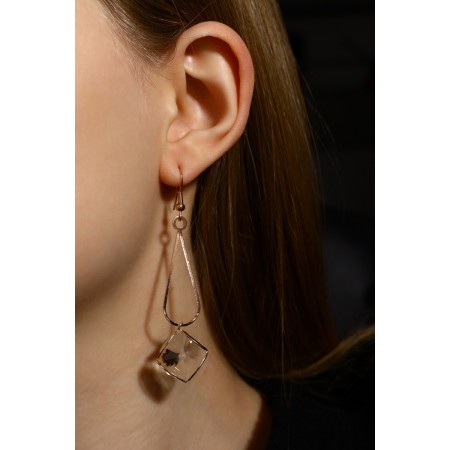 Hanging earrings with rhinestones "drop with a rhombus", white color in pink gold, 7.2 cm-6