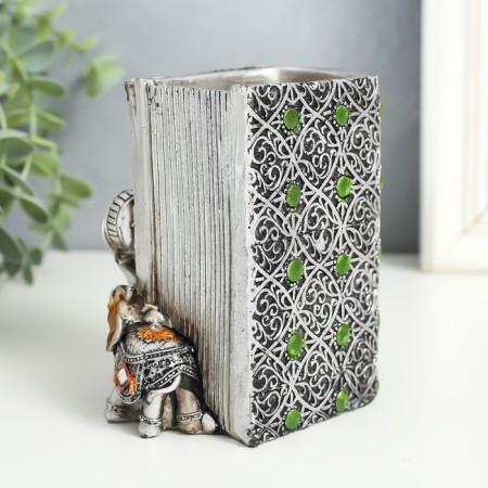 Souvenir Polystone Pencil "Elephant and Elephant in Popone with Flower" Silver 8.5x9x11.5 cm-5