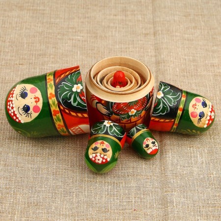 Matryoshka "Strawberry in a basket", green scarf, 5 puppet, 10 cm, handmade-3