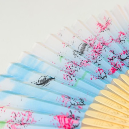 Fan Bamboo, Textile H = 21 cm "House in Sakura" Blue, with a blue brush-3