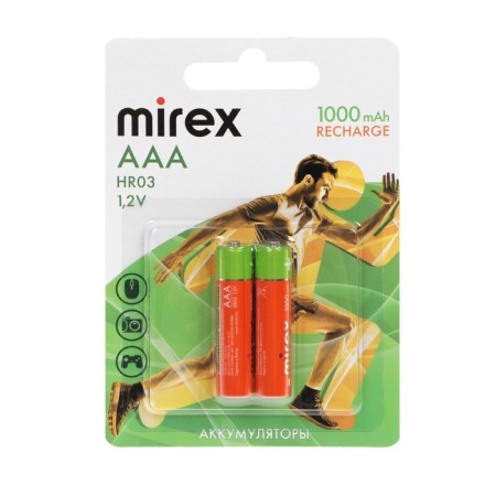 Battery Mirex, Ni-Mh, AAA, HR03-2BL, 1.2V, 1000 mAh, blister, 2 pcs.