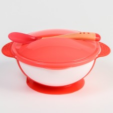 A set of children's dishes: a bowl on the suction cup 340ml., With a lid, a thermal rod, pink color