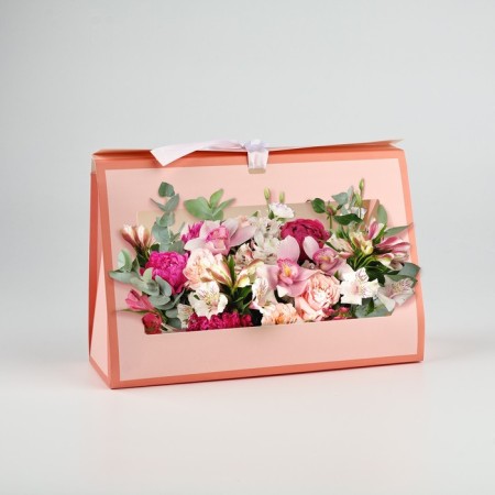 Folding box for flowers with the window "Blow with happiness", peach, 16 x 27 x 9 cm