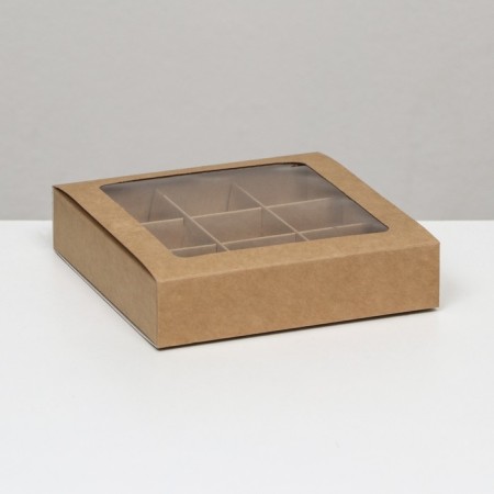 Box for 9 sweets with a shell, with a window, with thin dividers, craft 14.7x14.7x3.4 cm-1