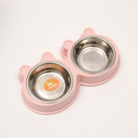 Metal dual bowl on a plastic basis 2 x 400 ml, 28 x 15.5 x 4 cm, pink-3
