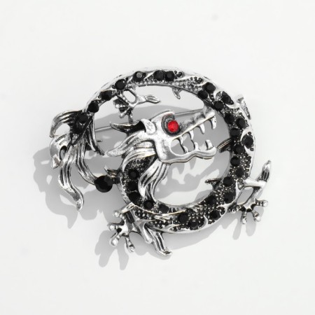 Brooch "Dragon" fire-breathing, red-gray color in black silver