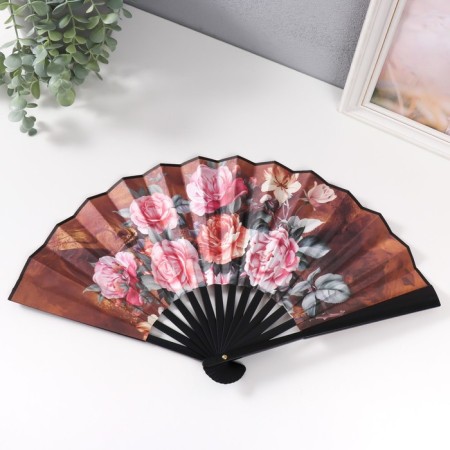 Fan plastic, textile h = 26.5 cm "Large roses on a coffee background"