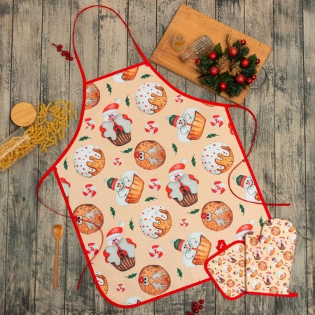 Kitchen New Year's set Christmas segling 17*17cm, mittens 26*16 cm, apron 60*80 cm, 100% p/e