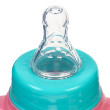 A bottle for feeding, classic throat, 150 ml., 0 months, cylinder, handles, turquoise/pink color-2