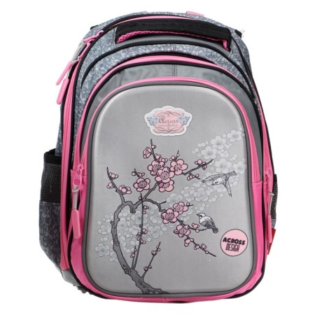 Frame backpack 39 x 29 x 17 cm, Across 410, filling: bag, pencil case, gray/pink ACR22-410-11-2