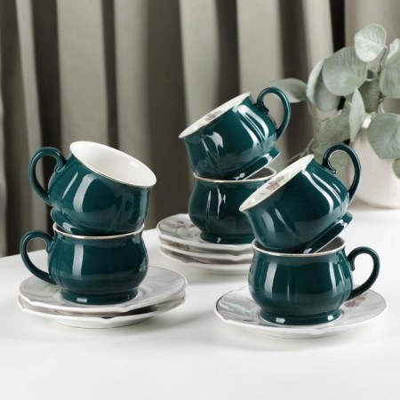 Ceramic tea service “Shishechki”, 12 items: a cup 200 ml, a saucer d = 14.5 cm, green color