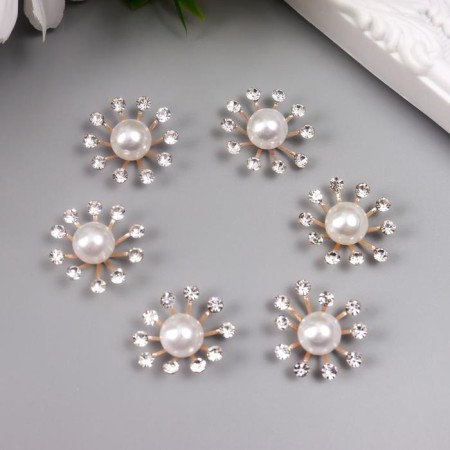 Decor for creativity Metal "Flower-dry" gold, pearls, rhinestones 2.3x2.3x0.8 cm-2
