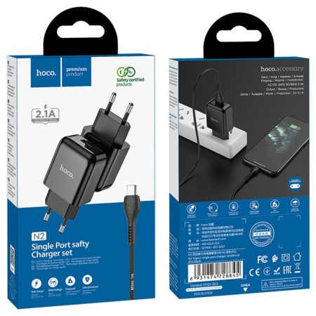 Network charger Hoco N2, USB - 2.1 A, MicroUSB 1 m cable, black-6