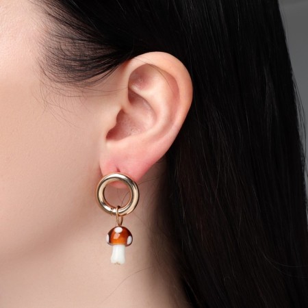 Earrings "Mushrooms" fly agaric in specking, white-brown color in gold-3