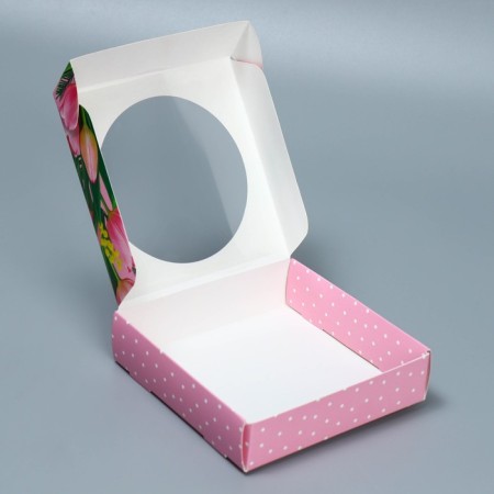 Box for Makarun with low sides, confectionery packaging "Tulips", March 8, 11 x 11 x 3 cm-2