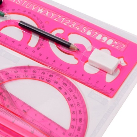 Set of geometric, drawing, blister: ruler 30 cm, 2 triangles, transporter, eraser, compass, ruler with stencils, tinted, mix-4