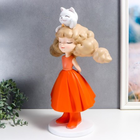 Polystone souvenir "Girl with a cat in a hairstyle, in orange" 46 cm-1
