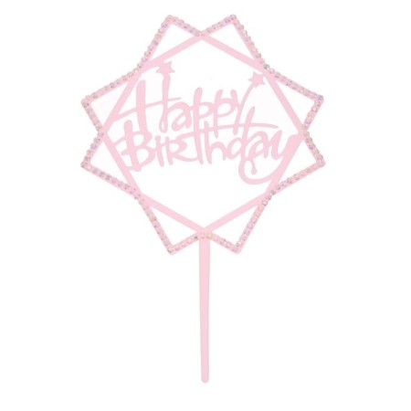 Topper "Happy Birthday", with rhinestones, pink color