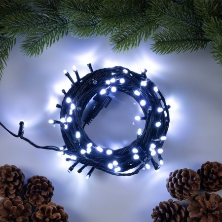 Garland “thread” 10 m, IP44, UMS, dark thread, 100 LED, white glow, flickering all LEDs, 24 V