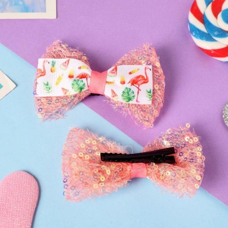 Hair clip "Bow Christin" (set 2 pcs) flamingos, 4.5 cm, pink-1