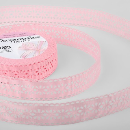 The tape is decorative, repression "openwork flowers", 25 mm × 9.1 ± 0.5 m, pink color