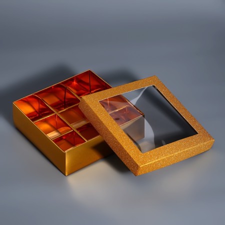 Box for 9 sweets gold glitter, 12.5 x 12.5 x 4 cm. Confectionery packaging-3