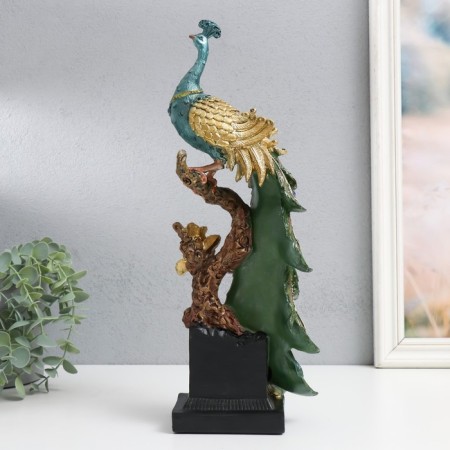 Polystone souvenir "Peacock with green gray feathers, sapphire on a branch" 13.5x9x36 cm-2