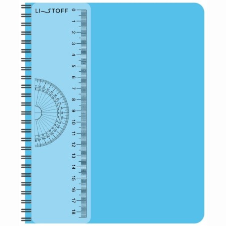 Notebook A5-80 sheets in a cage, on a crest, a plastic cover, a removable ruler made of transparent plastic, blue