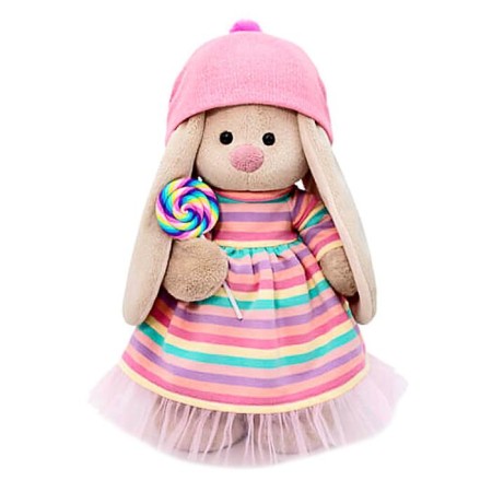 Soft toy "Bunny Mi" in a striped dress with a candy, 32 cm